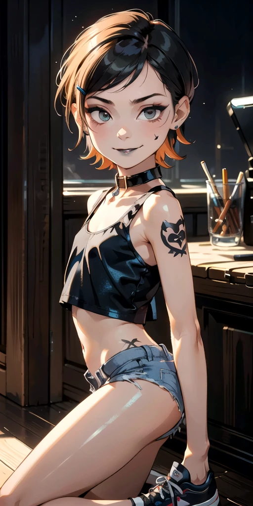 1boy, -yeld, Ehairstyle, black lipstick, dog collar, eyeliner, eye shadow, smoky eyes, realistic lighting, tank top, short shorts, sneakers, satanic tattoo, smug, smirk, short hair, shiny skin. slim waist, erection under clothes, buble butt, Height about 120 cm