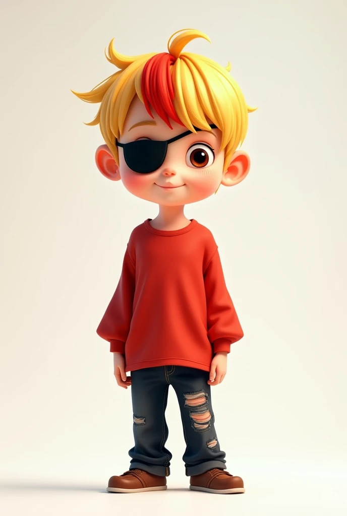 a fair-skinned boy, slightly light brown eyes, blonde straight hair, with a red streak in the fringe, he wears a black eye patch on his left eye, he is wearing a big red shirt, a pair of black jeans with small rips on the knee. He is in a white scenario. Estilo Cartoon Disney