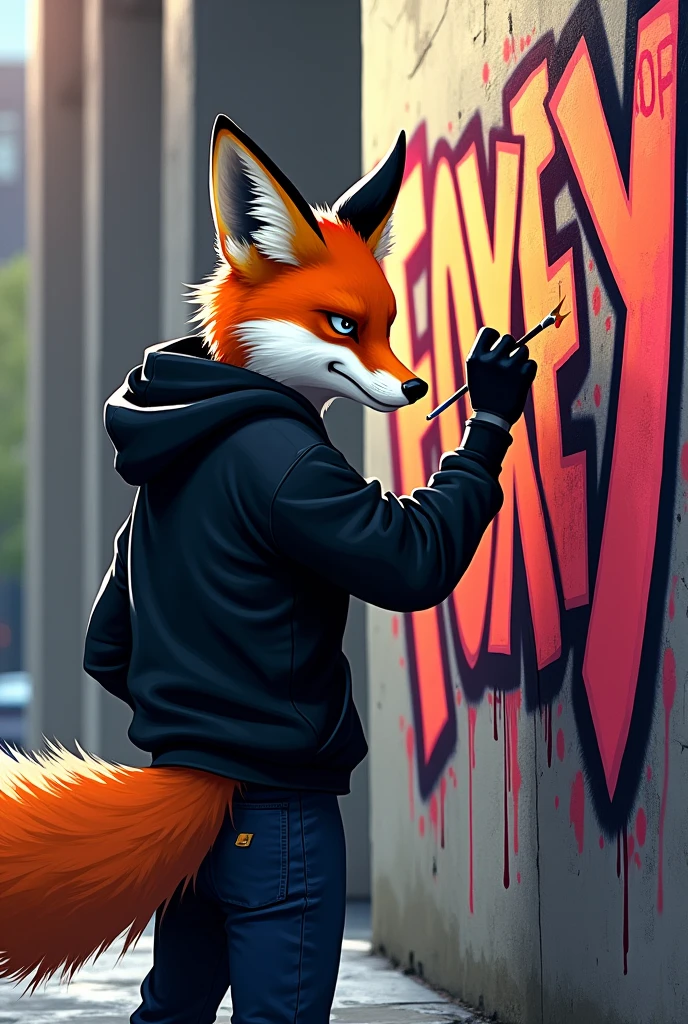 A fox in a black hoodie making a graffiti that says foxey