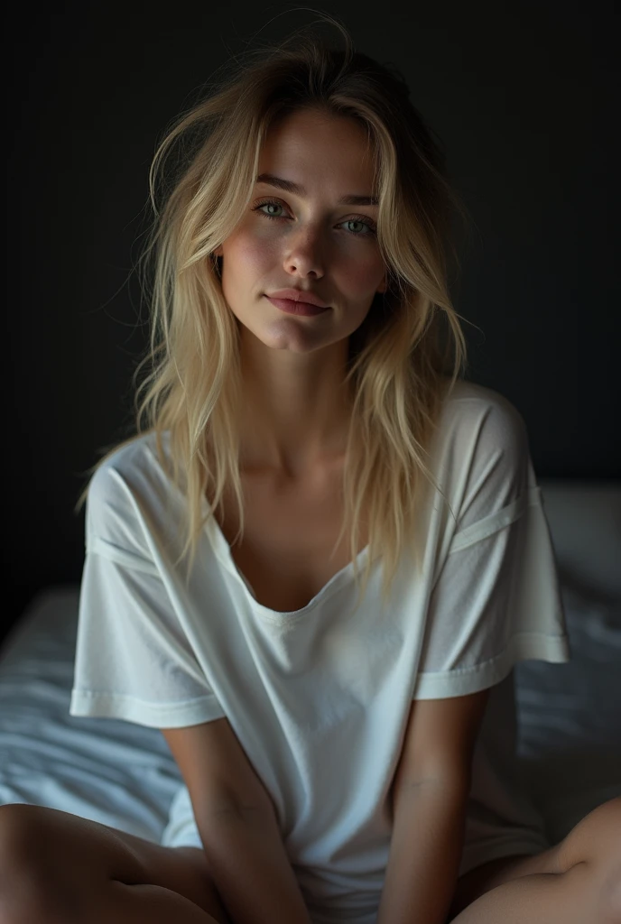 woman wearing a ((oversized t-shirt:1.2)), ((messy hair, bedhead)),  long hair, hyper realistic, 4k, medium breasts,  masterpiece, beautiful, facing the viewer, cleavage, pale skin, fair skin, ((nasolabial folds)), skin colored lipstick, DSLR RAW PHOTO, 8K, POV, canon 5d, 85mm, ((bedroom, early morning, sitting on a bed, dim lights, black background)), smirk,  sexy pose, AS-Adult, BREAK
from below, BREAK blonde hair,
