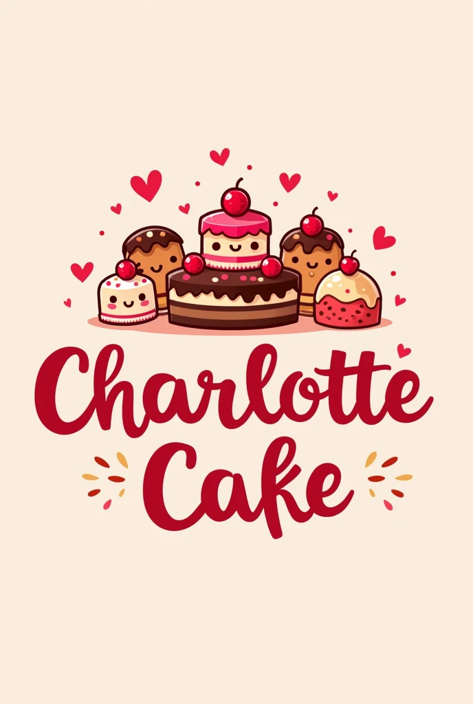 Generate a logo for a bakery called Charlotte cake in red tones , must have cakes, trufas e cookies, em forma de Cartoon, the name Charlotte cake should appear