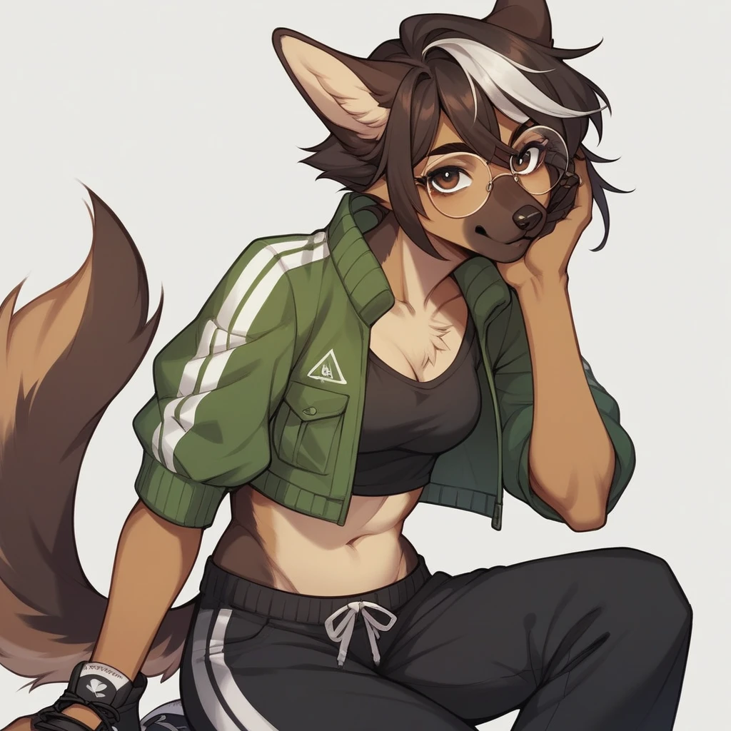 solo, score_9, score_8_up, score_7_up, score_6_up, score_5_up, source_anime, score_4_up, German Shepherd Anthro, Female One, perfectbody, Medium chest, chestnut hair, white streak in bangs, brown dark eyes, cropped preto, elongated fur-lined jacket, baggy pants (black pants), looking at the viewer, round glasses (white glasses), black sneakers (brown sneaker sole)
