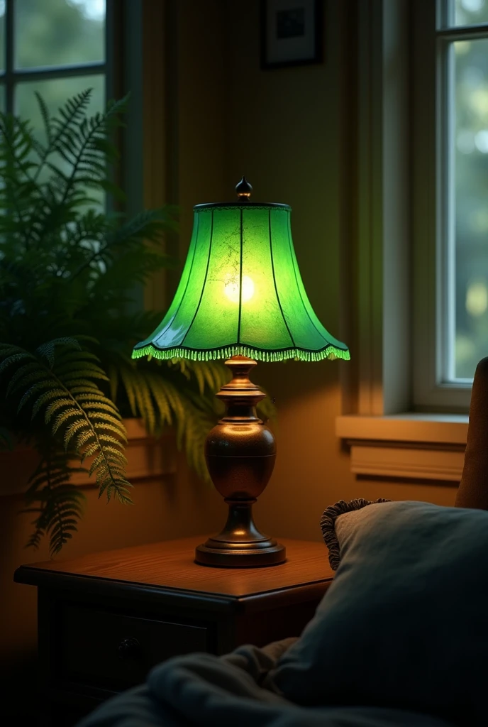 a traditional green lamp in a dark room, with ferns in the background