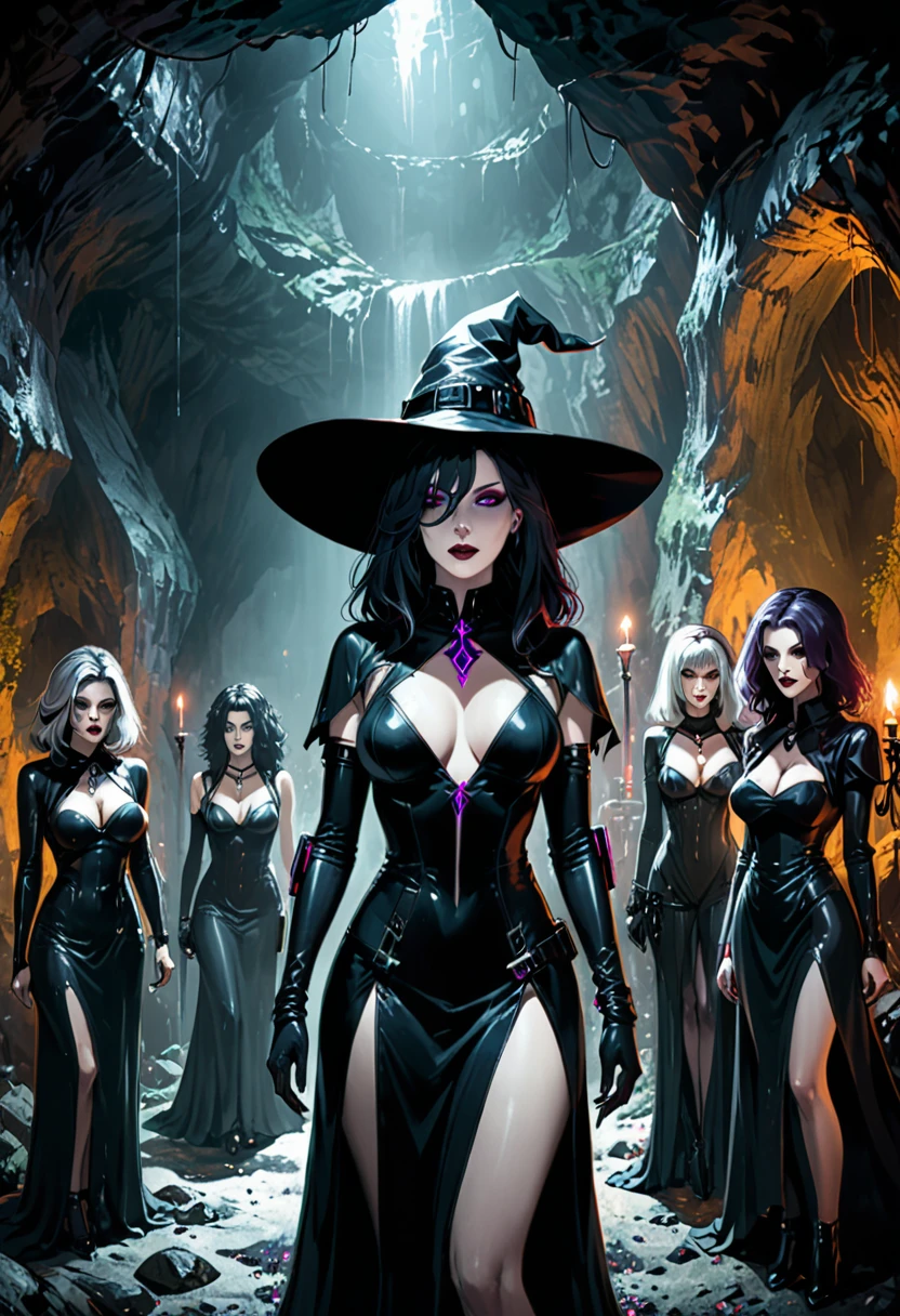 (((masterpiece))), dark atmospheric horror, middle aged sexy cyberpunk witch coven in a cave, _cut,