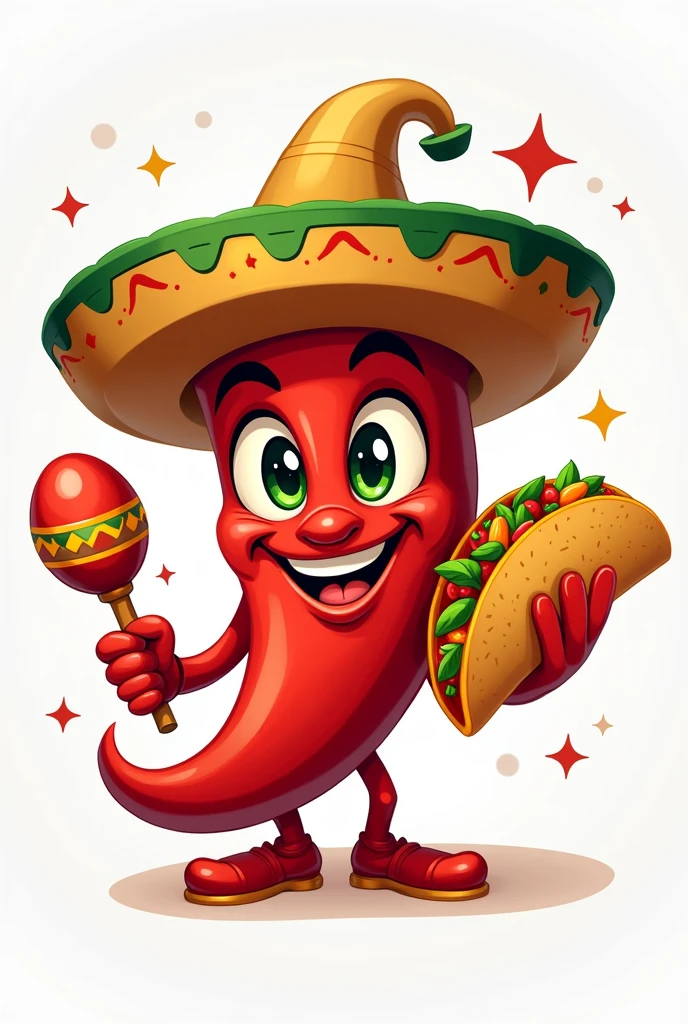 2D logo of a hot chili pepper with tacos in one hand and in the other a maraca with a Mexican hat with the colors of Colombia