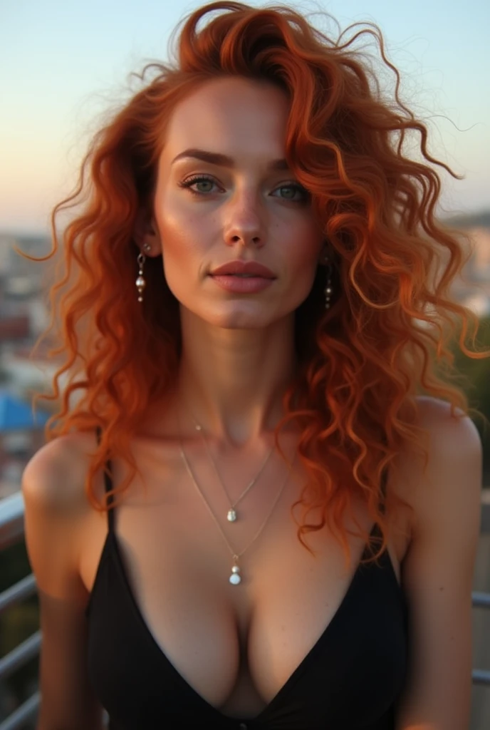 (Foto realisitic de uma linda mulher, 48 years old, grey-eyed, full lips, Red hair, long  curly hair, curls, skin tanned, whole body picture, jewelry, realisitic, soft lighting, professional photograpy, photorealisitic, detailded, CRU, sharp focus, ultra-high resolution, best qualityer, work of art, (best qualityer, high resolution, ultra-detailded:1. 2), HDR, light colors, whole body, stylish skirt, top elegante e sexly, curved, sexly, sultry gaze, whole body pic, aretes, barcelona, rooftop bar, sexly,
