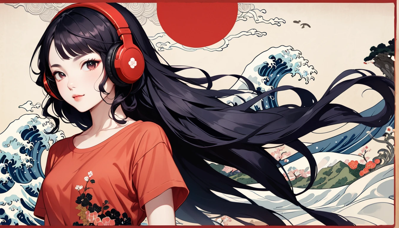 highest quality, Katsushika Hokusai, Ink painting, (((straight long hair))), (((Girl))), (((Light red t-shirt))), Japanese style headphones, schönes Girl, one eye red, one eye blue, black hair, Sensitive and precise, Moderner Ukiyo-e-Stil