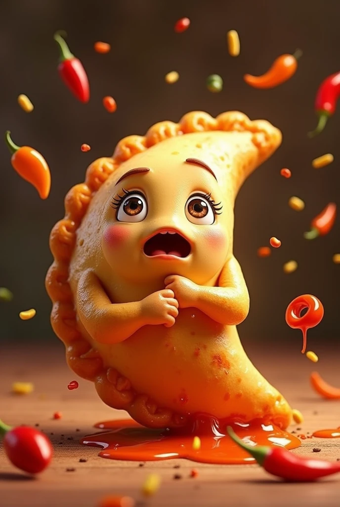 IMAGE OF AN EMPANADA WITH HANDS, EATING HERSELF,
PIXAR STYLE AND APPETIZING WITH SAUCES AND CHILI FLYING AROUND, with a tender face