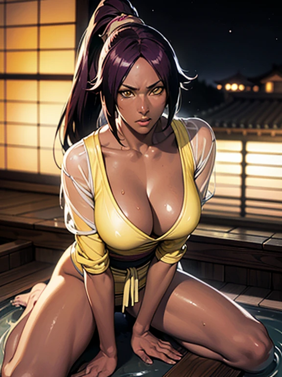 ((Master quality, 8K, masterpiece:1.3, ultra-detailed, high resolution, RAW Photos, detailed , blurry, Actual, hyper realistic, photo, HDR)), BREAK, Anatomically perfect, perfect hands, perfect legs, perfect feet, detailed eyes, BREAK, One person alone, yoruichi shihouin, long hair, (yellow eyes:1.5), ponytail, purple hair, (((dark skin, dark-skinned female))),, BREAK, beautiful face, beautiful detailed eyes, (staring at the camera , Take a bath in a hot spring), , ( Round and Stacked Breasts ), Cleavage, abs, embarrassed:2.5, Sweat-soaked skin, BREAK, wearing( bandage for the chest , Japanese Loincloth, Wet, see-through clothes), , Graffiti art, BREAK, ( Random Angle, full-body, ), dynamic angle, , background(Realistic , cinematic lighting, depth of field, night , the full moon,, Samurai residence city atmosphere, hot spring , Rising steam, light particles)