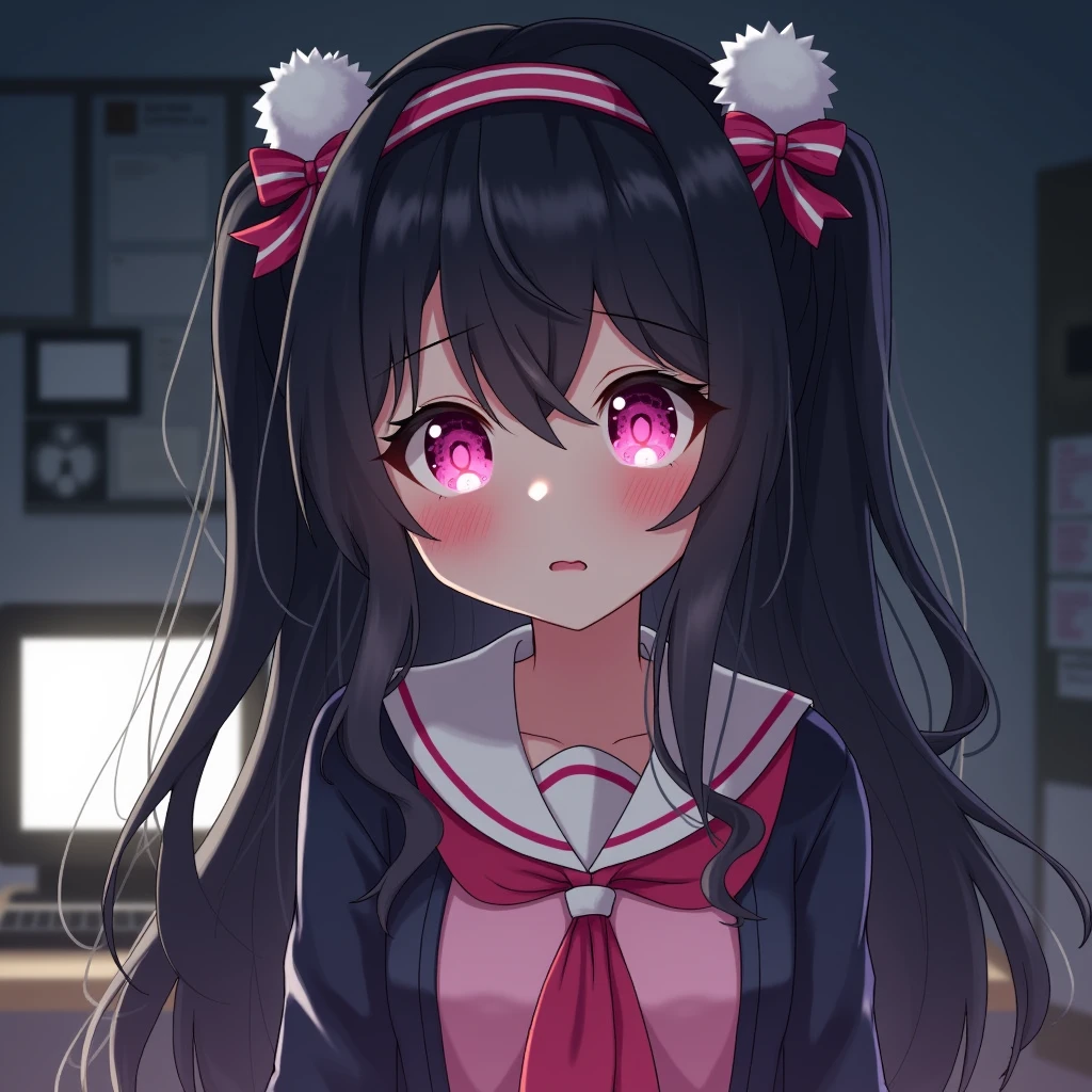 One person, Black Hair,Pink inner color,Long Hair, bangs,Half Twin Tail,Pink eyes, Droopy eyes,Take a closer look, Hearts in eyes, ribbon, Headband, White fluffy hair accessories,anime, anime風, skirt,Frills,Mine system,smartphone,Pink Sailor Suit,Dark cardigan,Drooping eyes,Confused eyes,Worried brow,Yandere,background computer,smartphone,delivery,Illness,Expose,Midnight,earphone