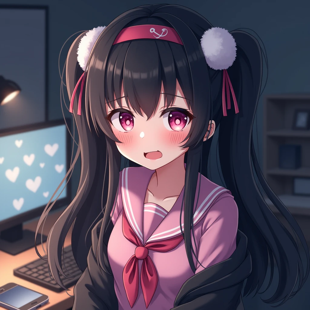 One person, Black Hair,Pink inner color,Long Hair, bangs,Half Twin Tail,Pink eyes, Droopy eyes,Take a closer look, Hearts in eyes, ribbon, Headband, White fluffy hair accessories,anime, anime風, skirt,Frills,Mine system,smartphone,Pink Sailor Suit,Dark cardigan,Drooping eyes,Confused eyes,Worried brow,Yandere,background computer,smartphone,delivery,Illness,Expose,Midnight,earphone