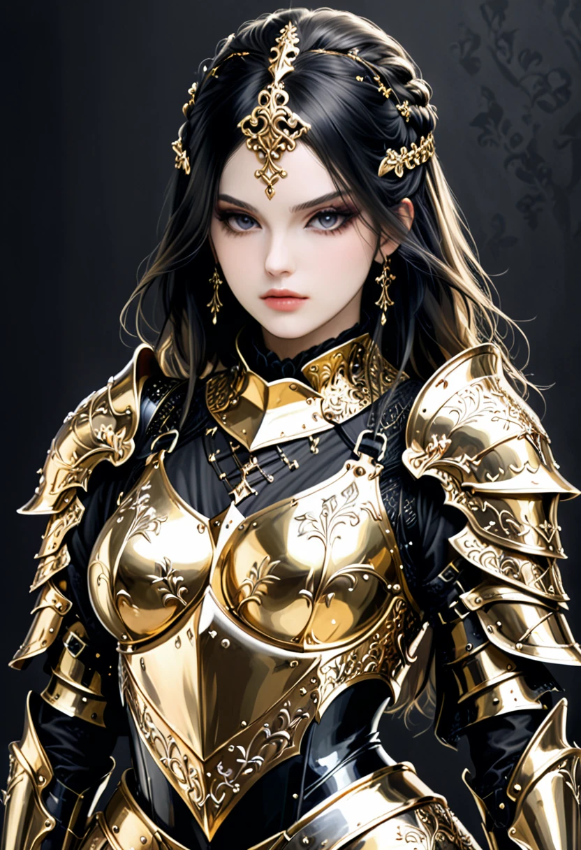 a close up of a woman in armor with a sword, stunning armor, wearing fantasy armor, very stylish fantasy armor, gold heavy armor. dramatic, beautiful armor, fantasy armor, black and gold armor, gothic armor, wearing ornate armor, intricate armour costumes, female armor, ornate gothic armor, ornate , wearing louis vuitton armor, girl in knight armor