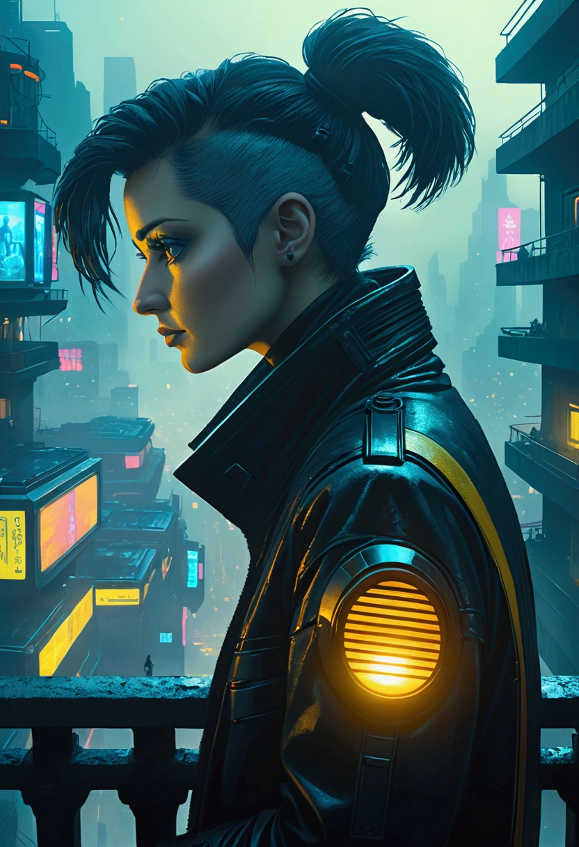 abstract colours, texture, Film Grain, Skin pores:0.1 beautiful dramatic portrait，Depicts a beautiful sci-fi artist standing on a balcony，Overlooking the futurism (Solar Punk)1.2 cities, Foggy morning, Movie film still frame, Blade Runner 2049, Punk Hairstyle, Altered Carbon, (Analog style)1.3 (Film Grain)1.3, Stephane Martinière Vadim Kassim Simon Starenhag Michal Kalç Ismail Inseoğlu
