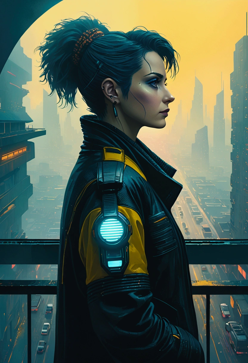 abstract colours, texture, Film Grain, Skin pores:0.1 beautiful dramatic portrait,Depicts a beautiful sci-fi artist standing on a balcony,Overlooking the futurism (Solar Punk)1.2 cities, Foggy morning, Movie film still frame, Blade Runner 2049, Punk Hairstyle, Altered Carbon, (Analog style)1.3 (Film Grain)1.3, Stephane Martinière Vadim Kassim Simon Starenhag Michal Kalç Ismail Inseoğlu