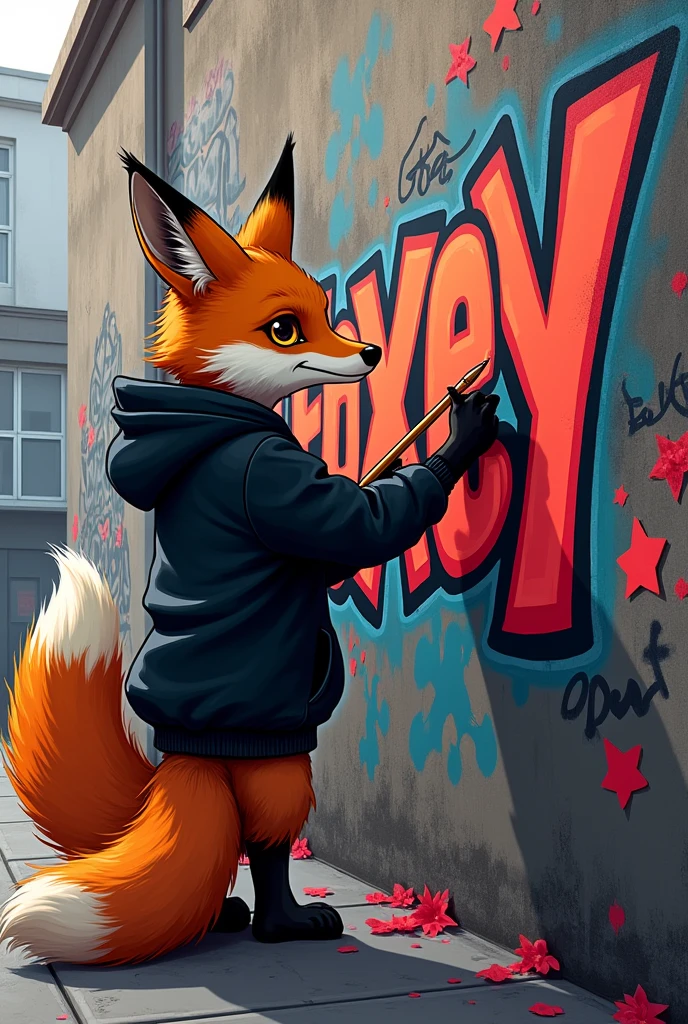 A fox in a black hoodie making a graffiti that says foxey