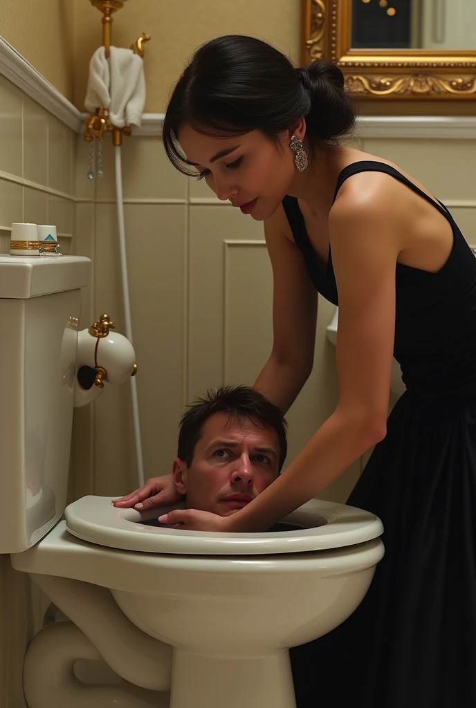 an elegant woman putting a man's head in the toilet
