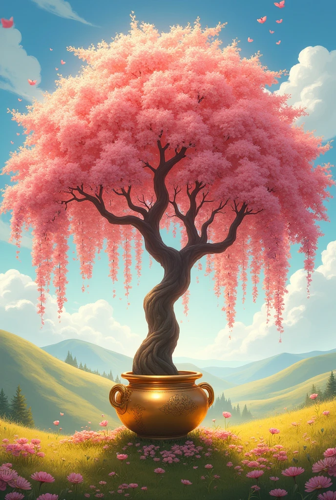 Image of a peach tree in bloom with a pot of gold underneath