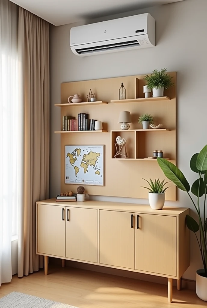Wall covered in blond MDF José, nailed to this wall, close to the ceiling, is the air conditioning, just below the small world map and below the world map some niches and shelves to place travel souvenirs, under the shelves a two-door sideboard cabinet in frappe color from Arauco with opening doors. Next to the wall a window with a white curtain. 