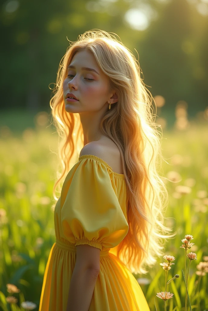 A beautiful sixteen-year-old girl stands in a vibrant green meadow, her long blonde hair flowing freely in the breeze. She is standing with closed eyes. She wears a light yellow dress with round, puffy sleeves that gently catches the sunlight, creating a warm, ethereal glow. Against the backdrop of lush, verdant grass, her radiant presence and the delicate hues of her outfit blend harmoniously, evoking a sense of serene, natural beauty.