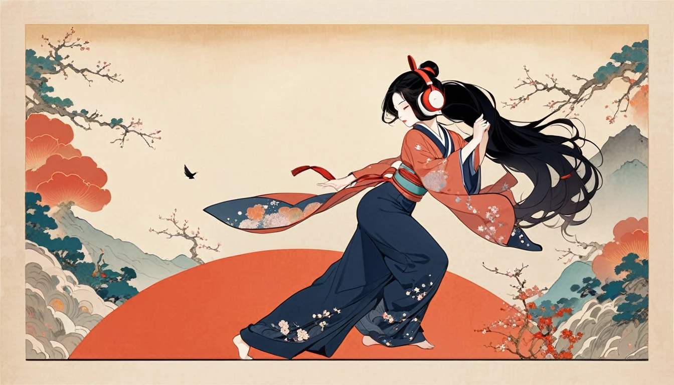 whole body, dance, Purple Eyes, Ink Painting, 1 girl, tattoo, Japanese style headphones, beautiful girl, Black Hair, peace, Delicate and precise, Modern ukiyo-e style, Multicolored background