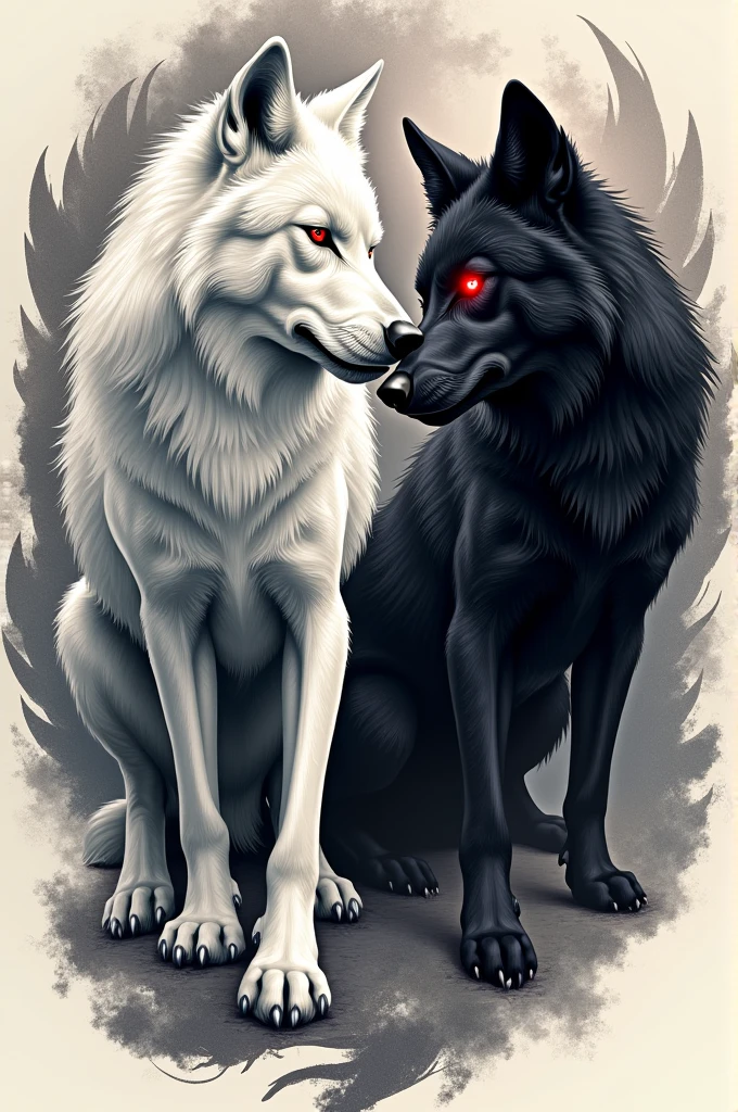 create a tattoo with two wolves, one white and one black, both with red eyes 
