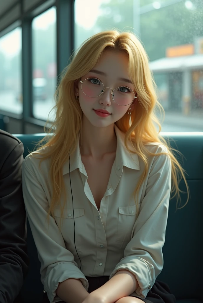 (((photorealistic:1.4))), ultra realistic, pores, (((masterpiece))),high quality, ultra details, realistic  white skin beautiful face pretty korean idol adult smilling woman with very long sharp claws black fingernails, long yellow hair, circle glasses, wearing sexy secretary uniform, sitting on the chair, bus station, cool handsome man sitting next to her,using earphone,