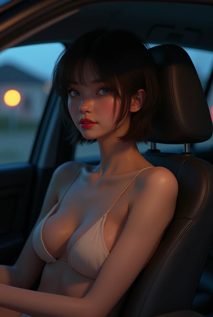Cute eighteen year old, passenger seat of car, brunette, young, eye contact, nighttime, street lights, smiling, smile, young girl, thin legs, skinny, eighteen, sweet, closed mouth, mouth closed, slim, tiny body, 18, blonde, bright blue eyes, red lipstick, short hair, parked outside house, photo real, photorealistic, naked, nude, topless