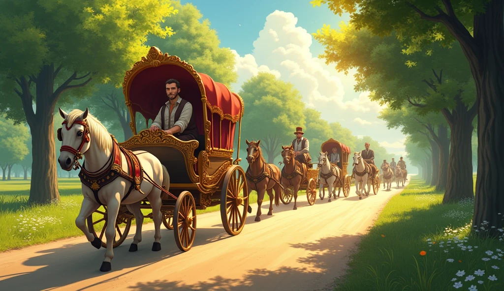 [A summer August road with a caravan of horse-drawn carts, one looking like a rich gentleman's vehicle][Cinematic lighting][Anime style]