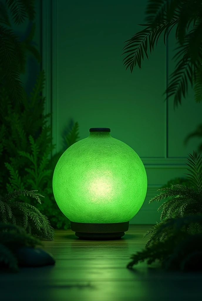a green lamp in a dark room, with ferns in the background