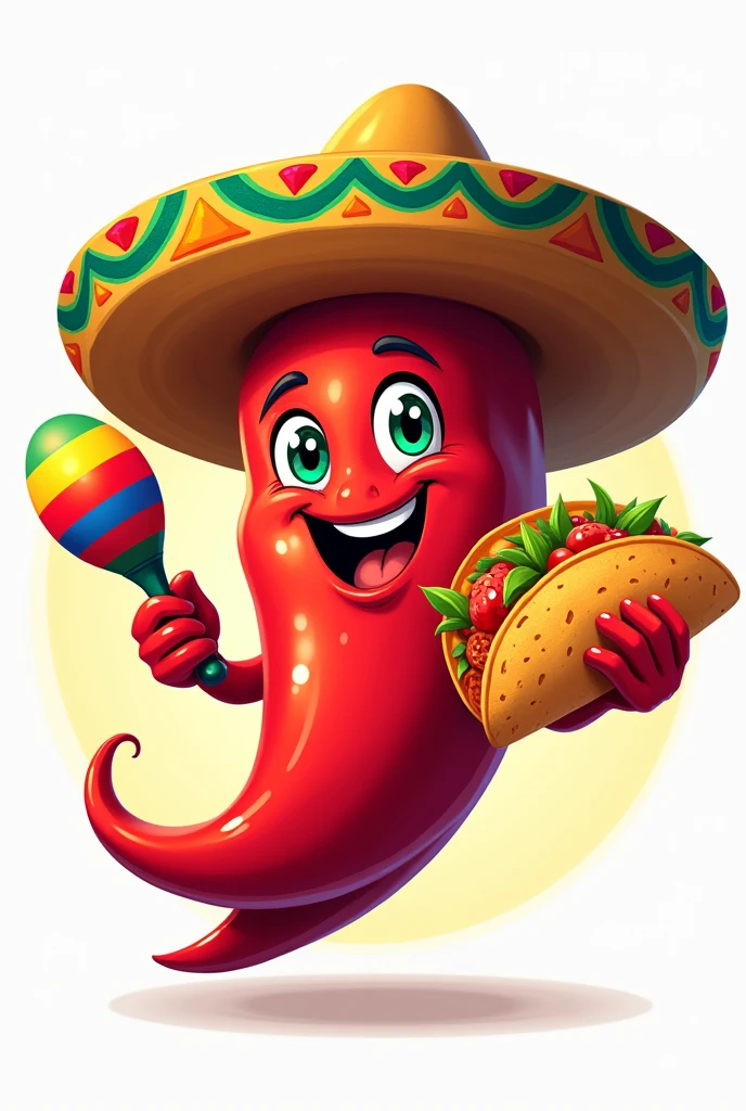 2D logo of a hot chili pepper with tacos in one hand and in the other a maraca with a Mexican hat with the colors of Colombia in full HD quality