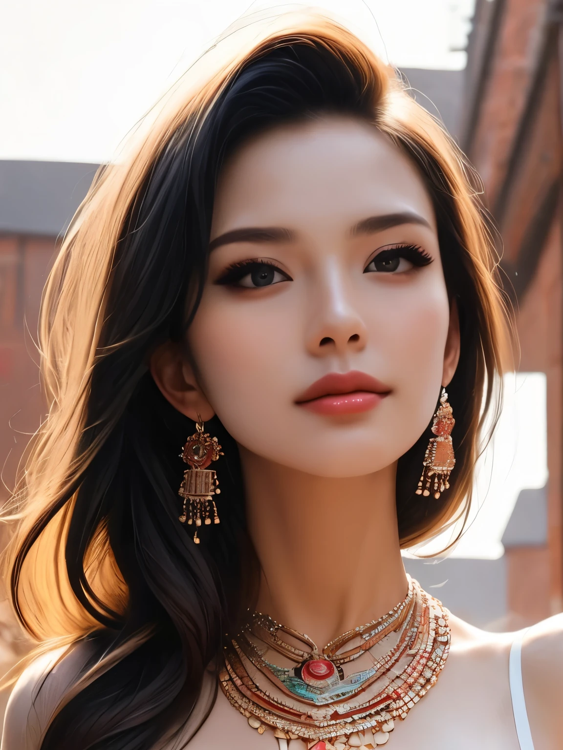 best quality,masterpiece,realistic,1woman,yujie,upper body,close mouth,Earrings,Necklace