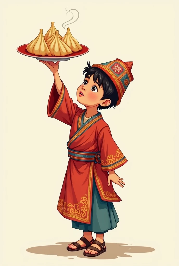 nepali black newari dress ,dhaka topi wears boy in side looks pose to take a momo plate in up hand of midshot vector photo