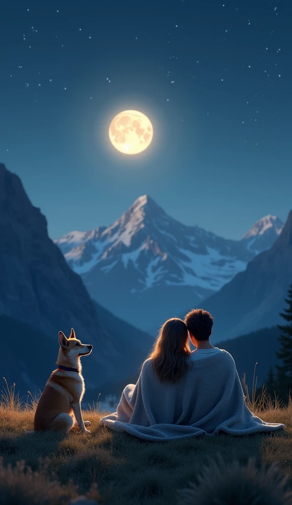 "Create a photorealistic scene of a peaceful nighttime mountain view. A young man and woman sit close together on a grassy hilltop, wrapped in blankets, with a serene, cozy atmosphere around them. A soft, warm light casts gentle shadows, illuminating their faces as they gaze at the bright full moon in the sky. A loyal dog sits beside them, looking content and calm. In the background, towering mountains rise against a starry night sky. The overall mood is tranquil and intimate, with the soft glow of the moonlight enhancing the natural beauty of the moment."