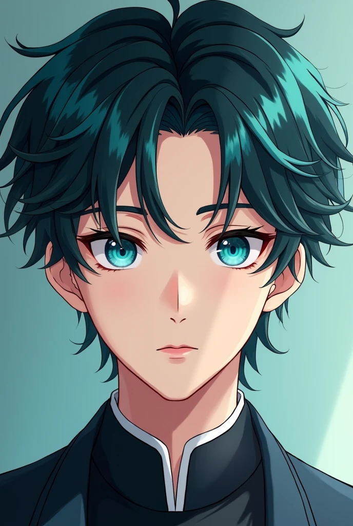 Black hair, male, blue-green highlights, blue-green eyes, manga, Chinese, round face, fair skin, handsome, semi-anime, drawing