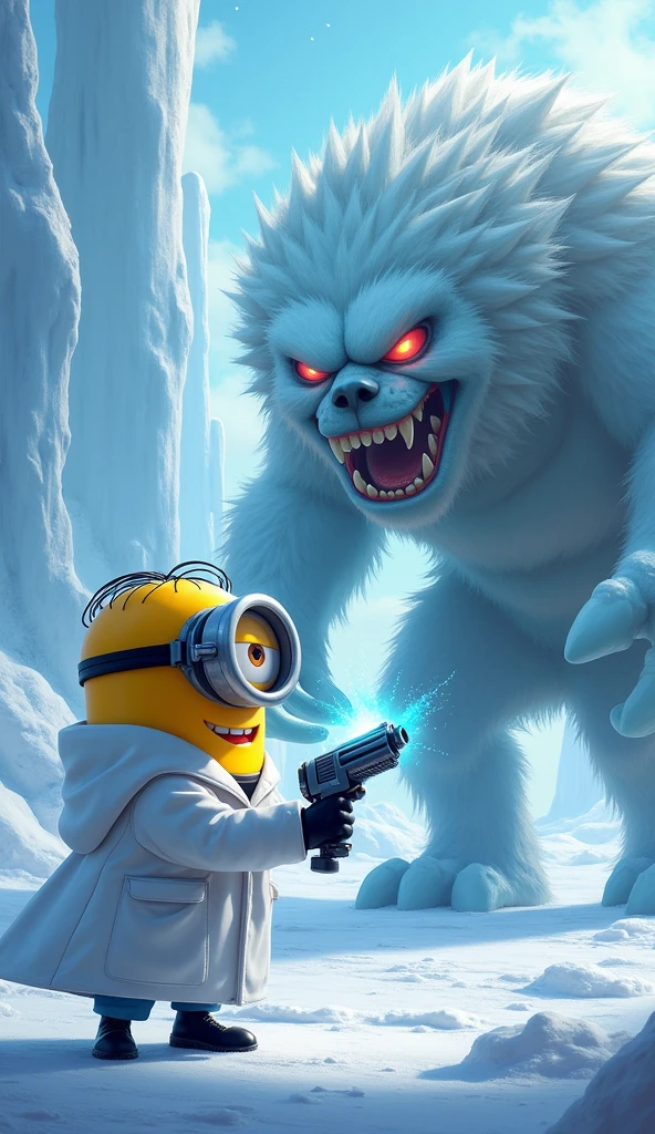 Minion wearing scientist suit holding flash gun b Scene of fighting snow monster outside ice palace  