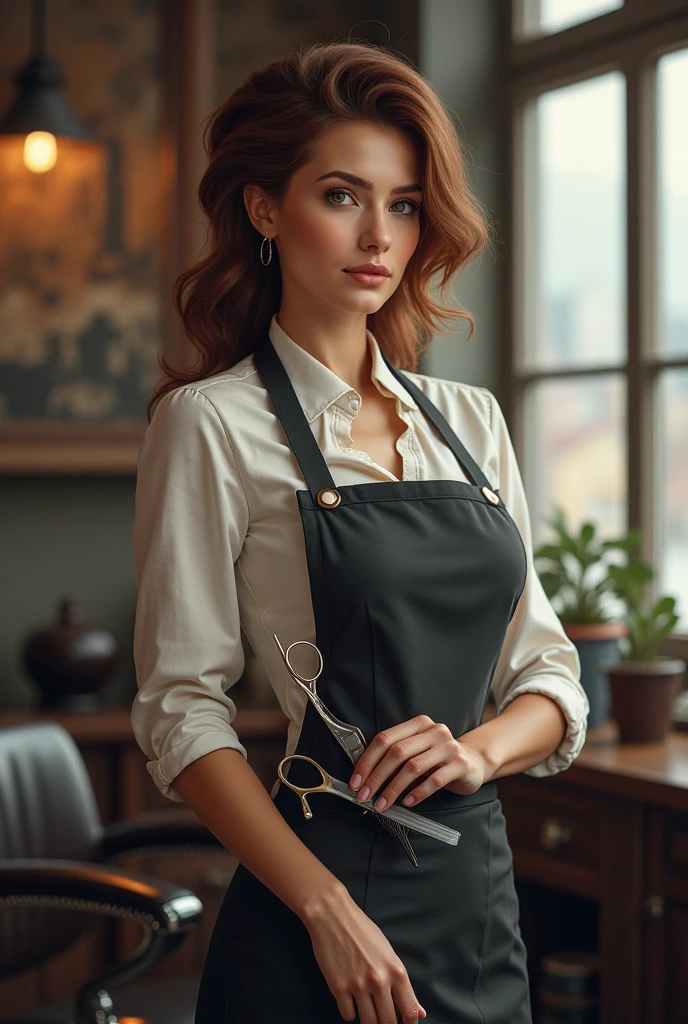 A captivating image of a lady barber with brown hair, standing in front of a camera. She confidently holds a pair of scissors in one hand and a comb in the other, showcasing her skills. The airbrush style gives the image a smooth, almost dreamlike quality. The background features a blend of modern and vintage elements, with hints of a city skyline and a barber shop interior.