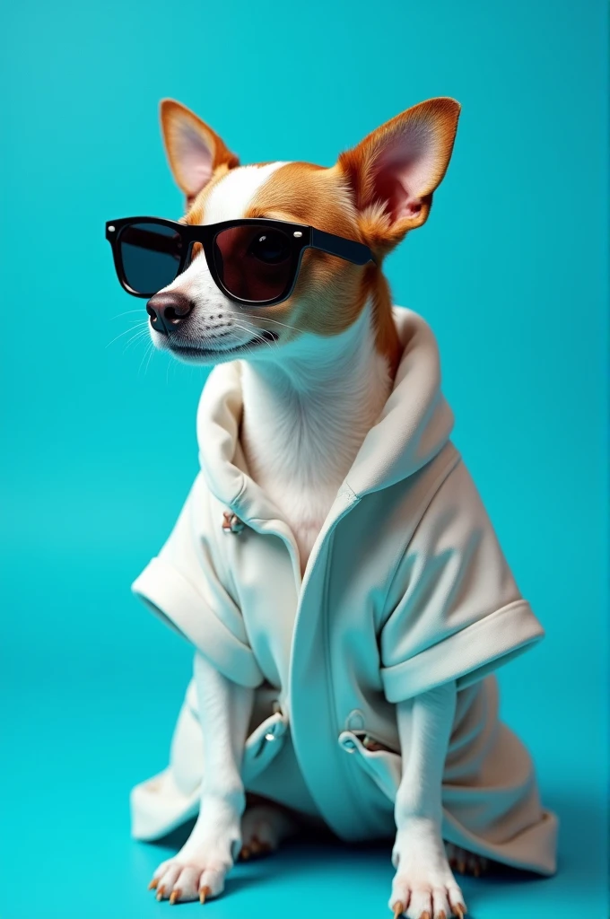The best cell phone wallpaper, Award-Winning Wallpaper, portrait photography, In the front view is a portrait of a cute dog wearing mid-1960s space age fashion, Side view photo, Shot with Canon EOS R5, Set a strong contrast that accentuates the subject, Fluorescent blue tone, Wearing a very modern coat and sunglasses is a modern 1960s style, Clothes all in one color, beautiful background