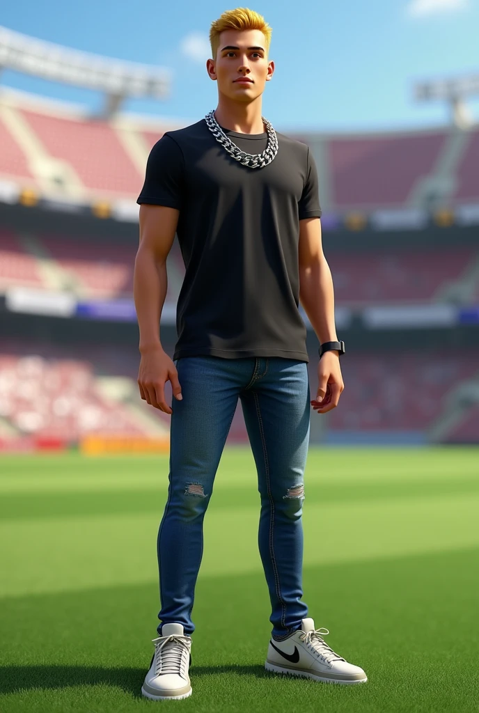Create a realistic full-body avatar of a very slim, handsome man who looks younger, with very short yellow-blonde hair. The avatar should be clean-shaven with no facial hair (no beard or mustache). The avatar should have slightly darker honey-colored eyes, lighter eyebrows, a lean face with prominent cheekbones, and an elegant appearance. The character should be wearing a black t-shirt, a large Cuban silver chain, blue jeans, and Nike sneakers. The background should be the grass at Titanes Guixaró stadium, clearly depicting the iconic features of the stadium with the title 'Titanes Guixaró' visible. The full body from head to toe should be visible in the image, and there should be only one instance of the character in the image.