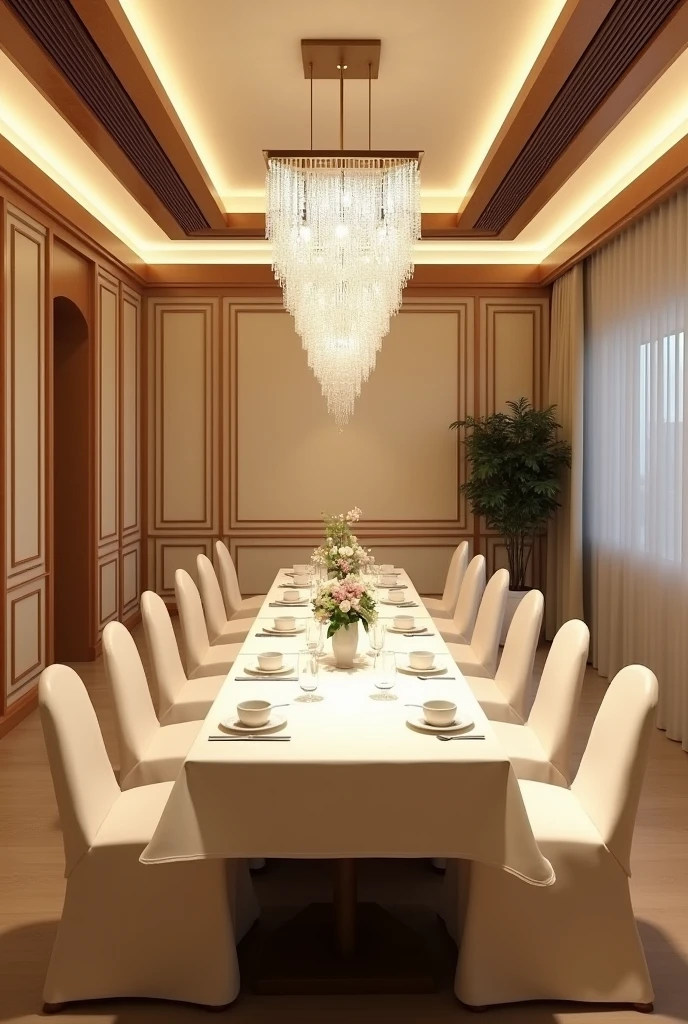 Restaurant tea room, ceilings 3.5 meters, rectangular flat ceiling, on the ceiling a rectangular chandelier made of small crystals, the floor is light brown porcelain stoneware, a long rectangular 6 meter st, white tablecloth, for 40 persons, walls made of decorative panels of light cream color, chairs dressed in white covers, white tea cups on the table