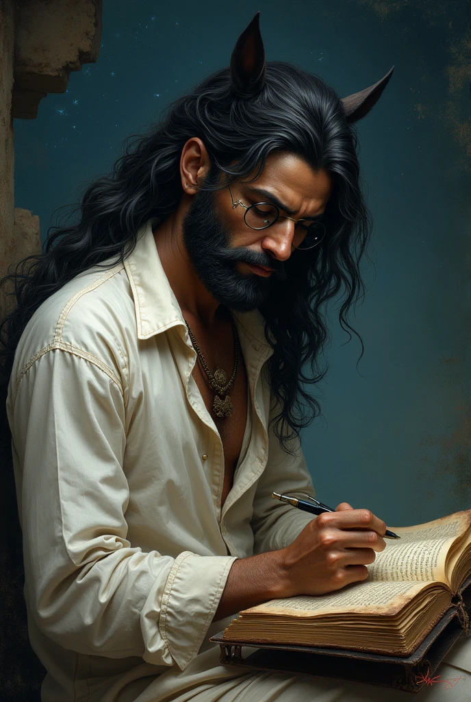 Hindu man with the lower body being that of a black-haired horse. An old white shirt, a monocle and makes notes in an old book under the stars.