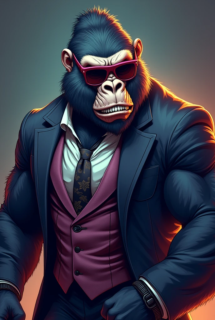 Similing angry gym Gorilla in sunglass vector with suit 4K
