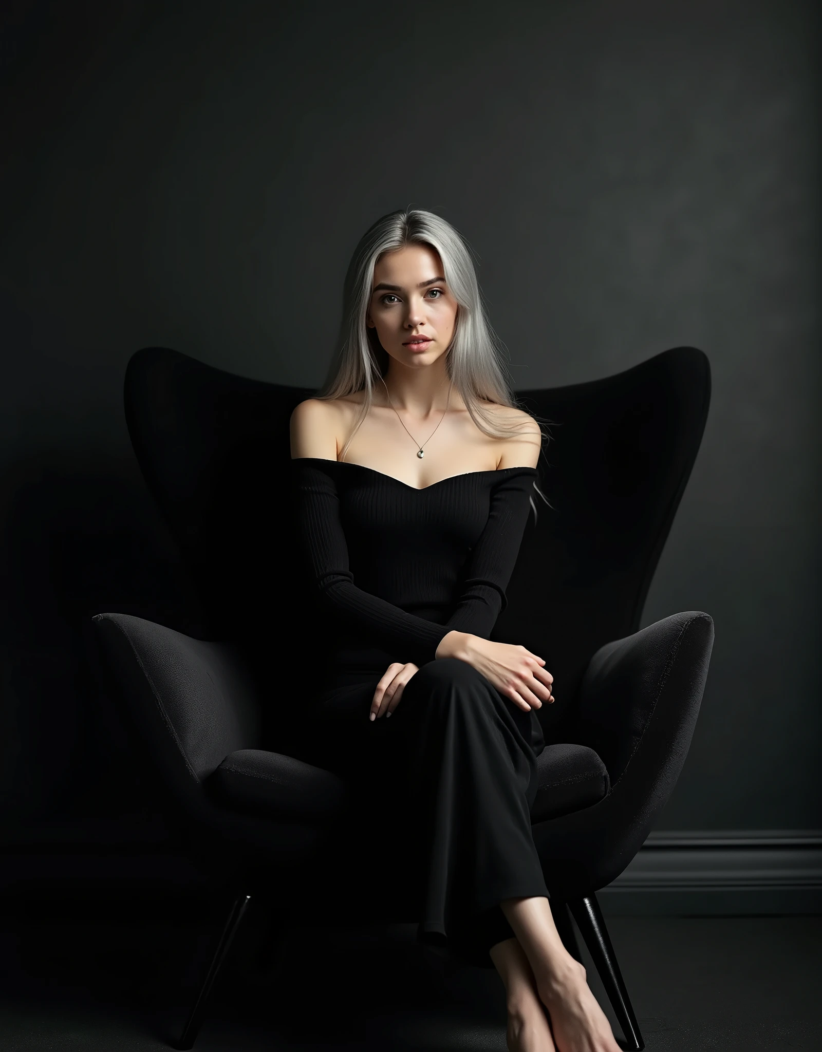 Girl sits elegantly on modern black soft chair, looks straight, Sits up straight, Against the background of a dark room, black off shoulder top, light gray long hair, good lighting, realistically, photo, (Best quality)