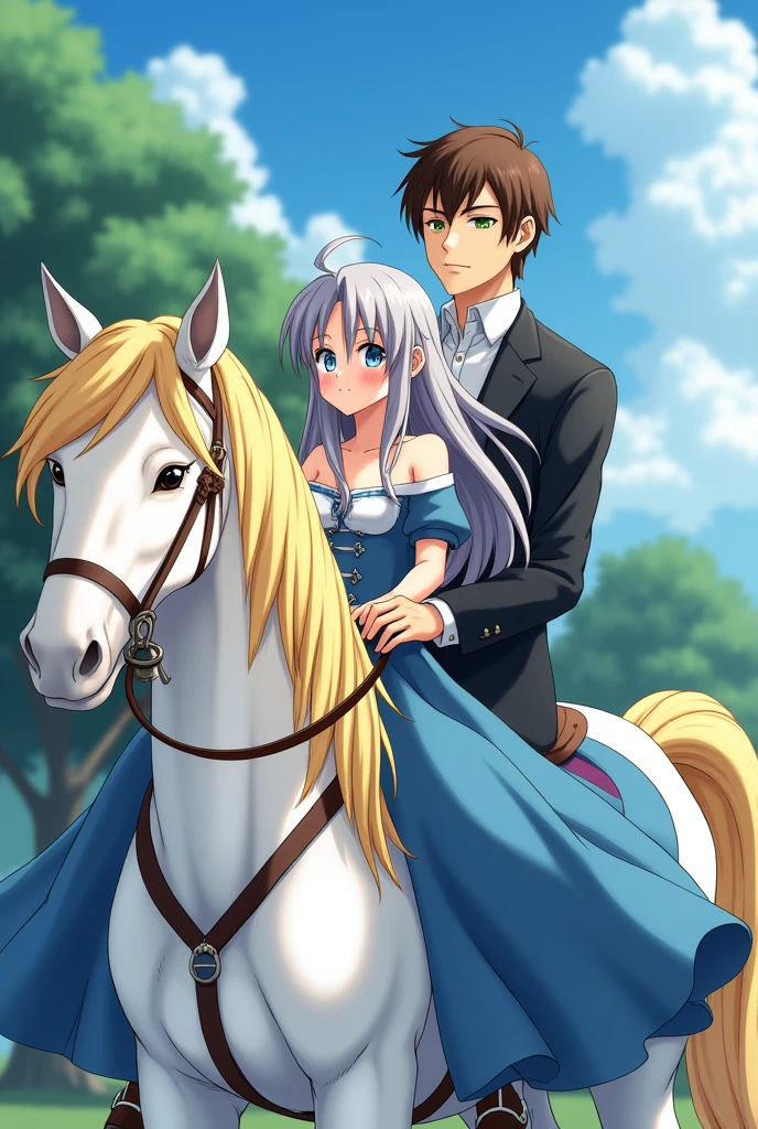 Anime girl with long gray hair and blue eyes, 18 years old, wearing a long blue and white dress, red cheeks, riding a horse in front of a 26 year old boy. Brown hair, green eyes, very handsome, sharp and serious features, holding the girl sitting in front of him on the side on the horse, wearing a formal suit, the horse is white with yellow hair