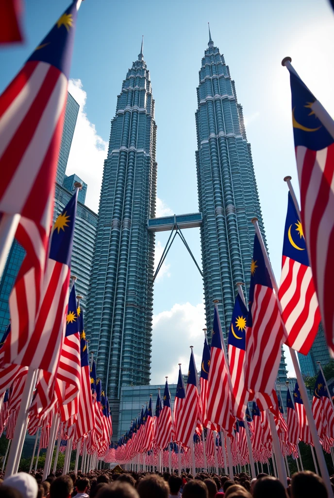 KLCC Tower, ((full)), malaysian independence days, many waving malaysian flat