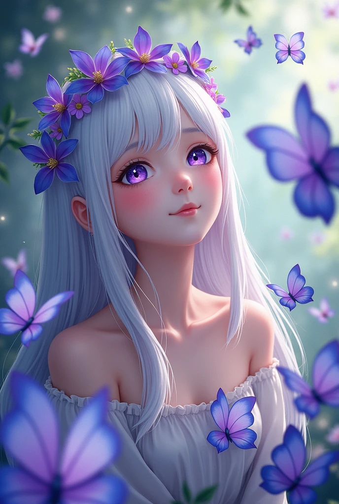 1 White haired girl with purple eyes with star pupils happy watching butterflies smiling calm long hair demon hunter with crown of purple and blue flowers in gift of flowers and butterflies