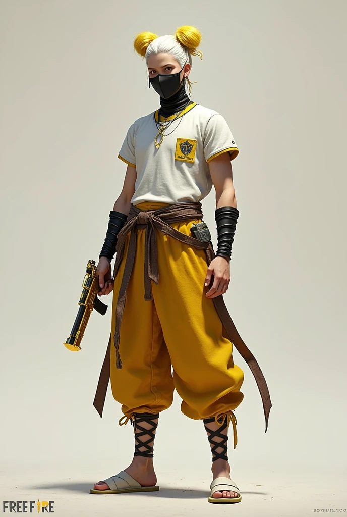 skin fair, 185cm tall, white and yellow samurai bun hair, Brazil t-shirt, black mask, Free Fire's golden angelic pants, white slipper and a golden desert eagle pistol