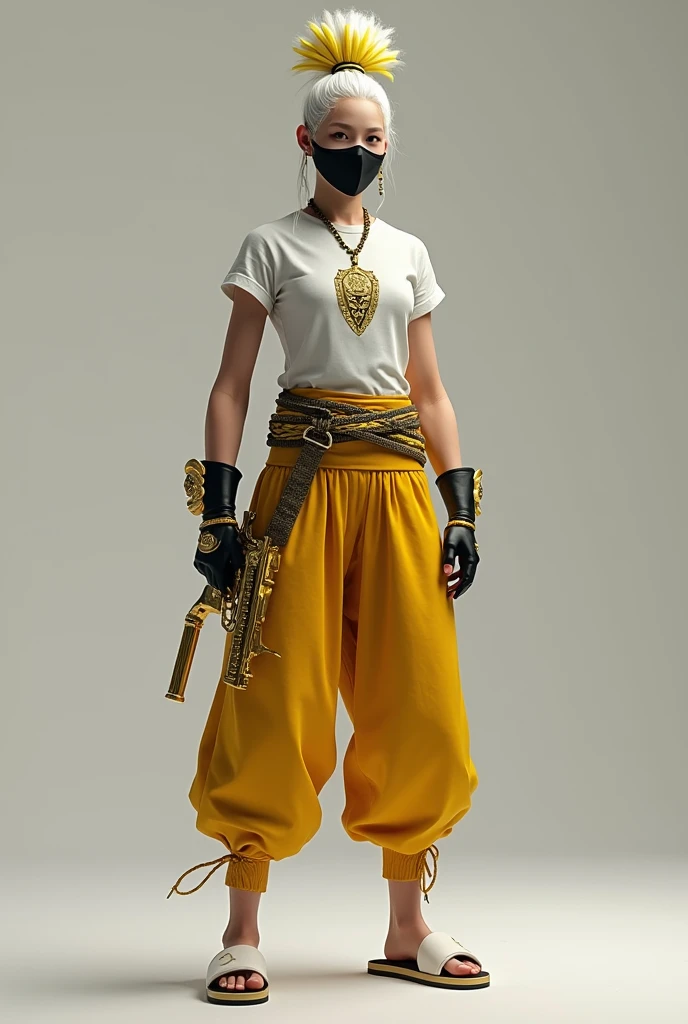 skin fair, 185cm tall, white and yellow samurai bun hair, Brazil t-shirt, black mask, Free Fire&#39;s golden angelic pants, white slipper and a golden desert eagle pistol