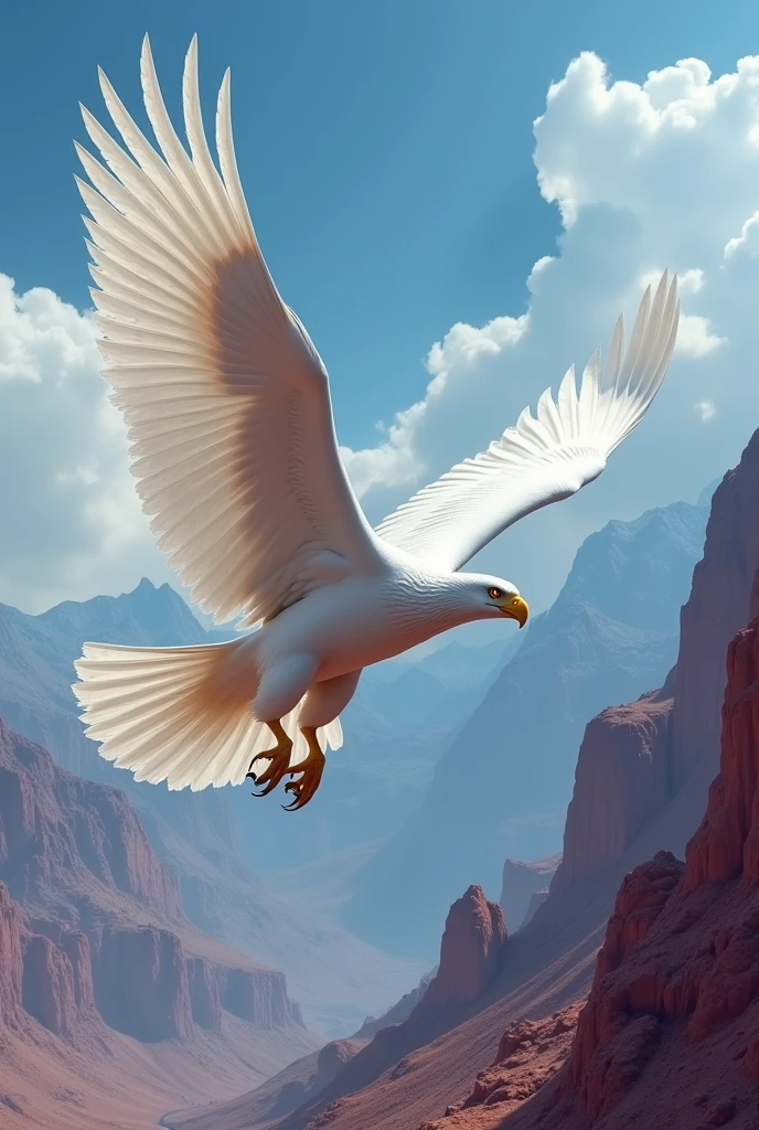 Image of a white eagle flying from the front with open wings and red mountains in the background, high quality image