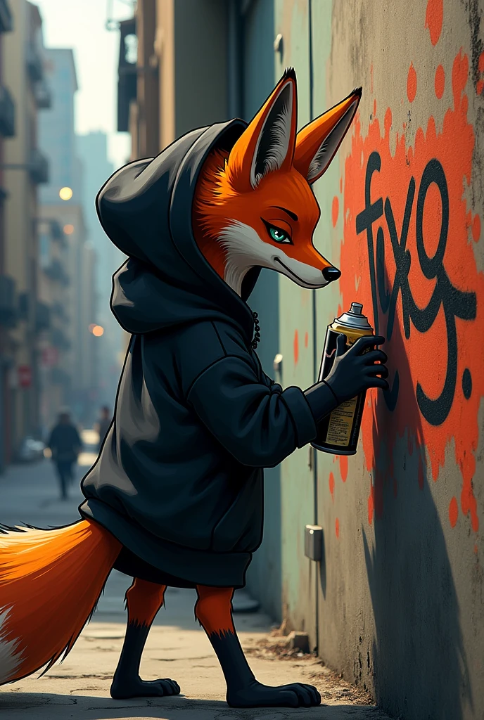 A one-tailed fox in a black hoodie making graffiti that says foxey