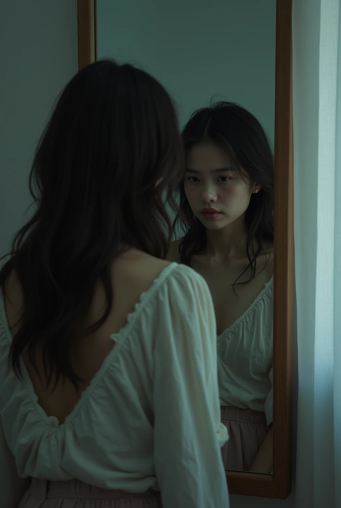 A young woman in a room with a sad face looking at herself in the mirror, her face not being fully visible